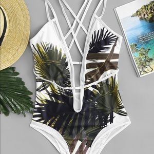 Leaf Print Caged Back One Piece Swimsuit